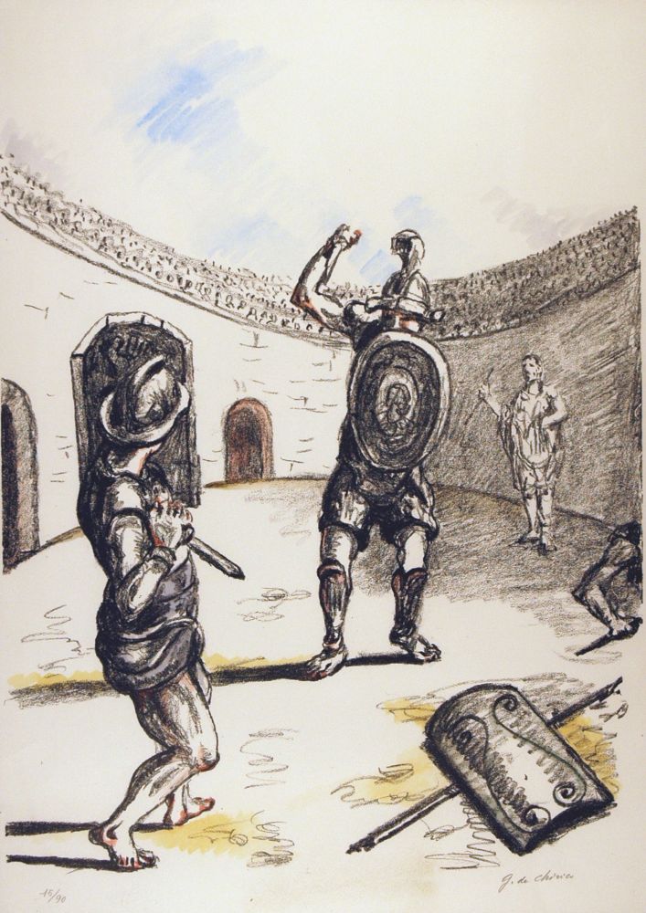 Lithograph De Chirico - Gladiatori nell'arena