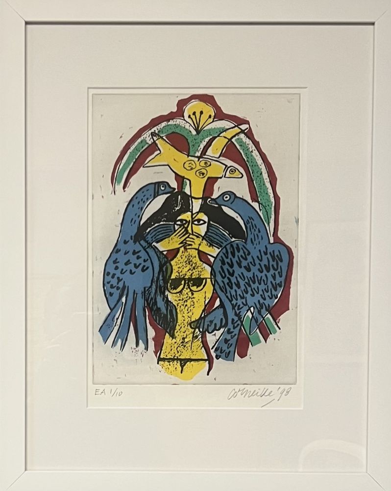 Etching Corneille - Gravure encadrée, Femme et oiseaux, EA 1/10, 1998