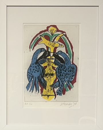 Etching Corneille - Gravure encadrée, Femme et oiseaux, EA 1/10, 1998