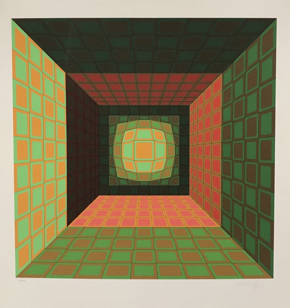 Screenprint Vasarely - Green and Orange Composition