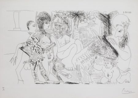 Etching Picasso - Groupe avec Vieillard à la Torche sur un Ane Amoureux, Femme et Arlequin, (Bloch. 1484; Ba. 1499)