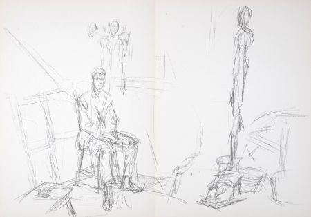 Lithograph Giacometti - Homme assis et sculpture, 1961