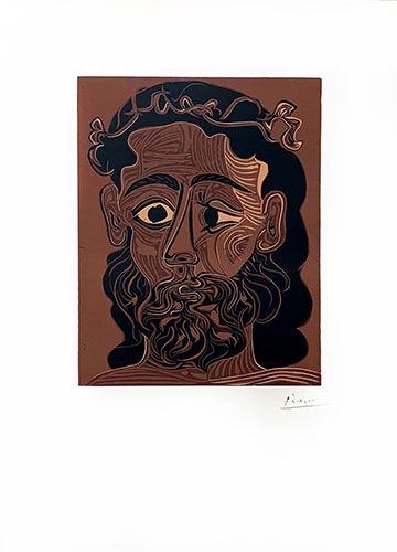 Linocut Picasso - Homme barbu couronné de vignes