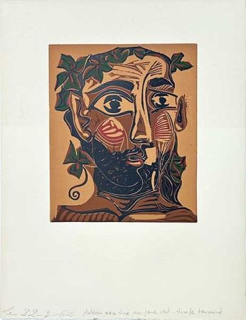 Linocut Picasso - Homme barbu couronné de vignes
