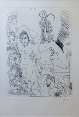 Engraving Picasso - Homme barbu songeant à une scène des Mille et une nuits, avec derrière lui des ancêtres réprobateurs