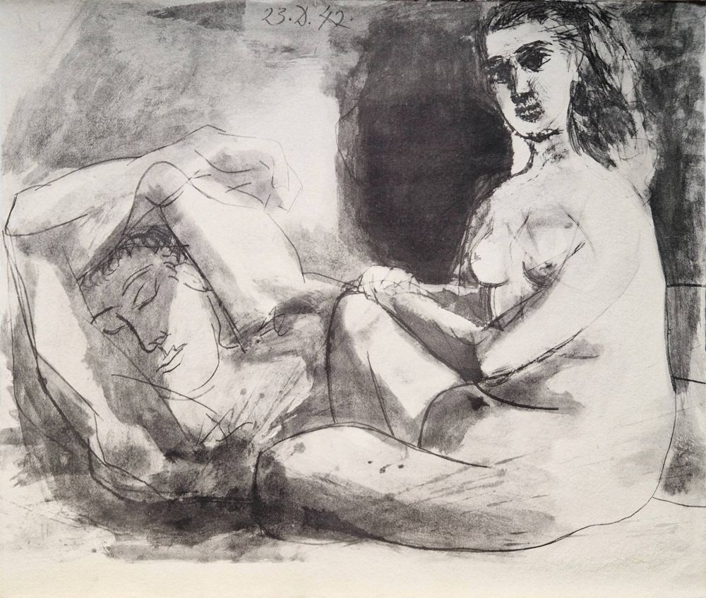 Pochoir Picasso - Homme couché et femme assise