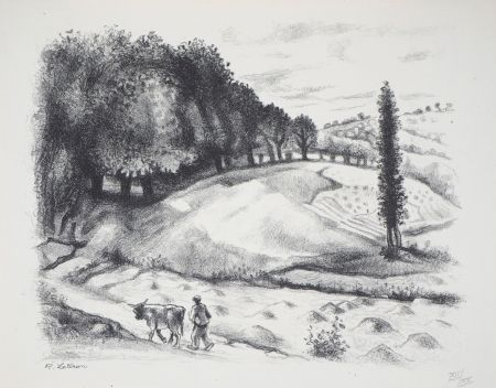 Lithograph Lotiron - Homme et vache dans un paysage