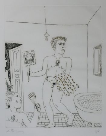 Drypoint Fassianos - Homme sortant du bain