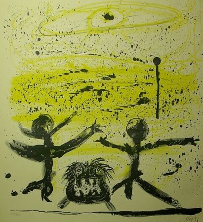 Lithograph Baj - Il cielo era giallo e due personaggi danzavano col loro cane