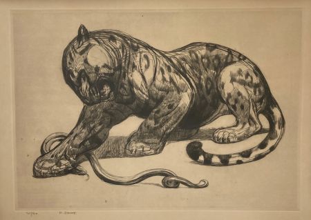 Etching Jouve - Jaguar et serpent
