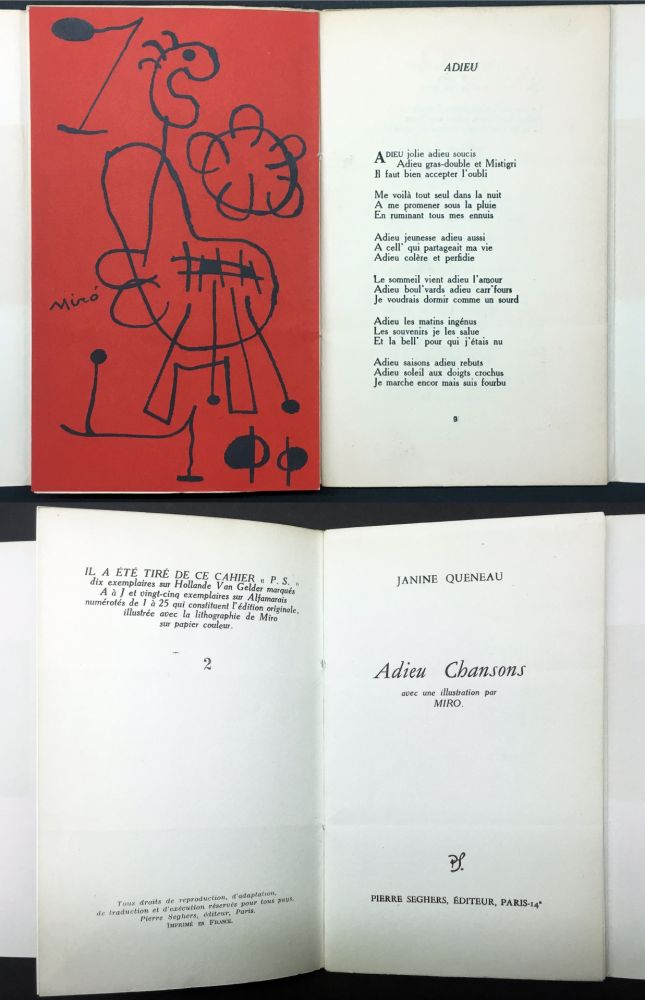 Illustrated Book Miró - Janine Queneau : ADIEU CHANSONS. Avec une illustration par Miro (1951).