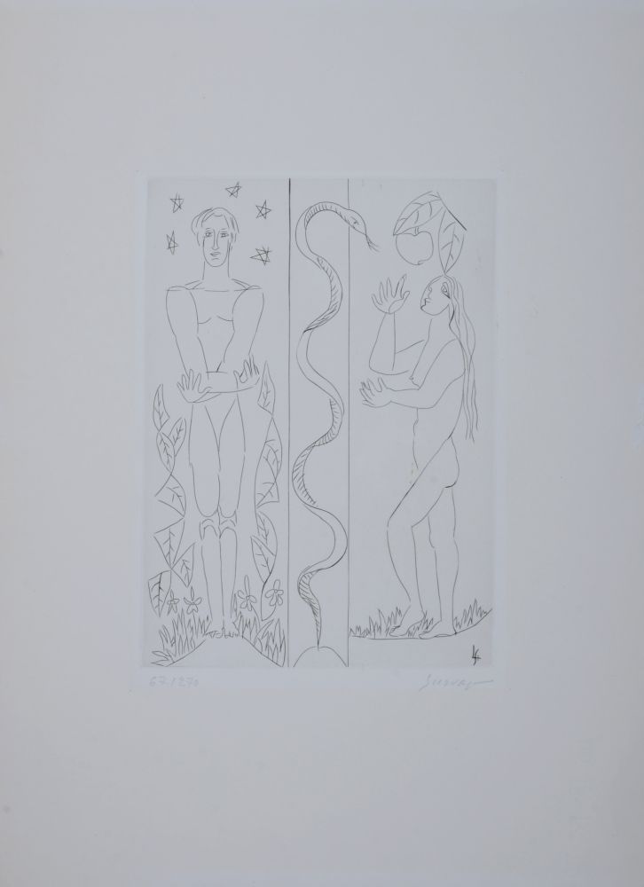 Etching Survage - Jardin d'Eden : Adam et Eve, vers 1930 - Hand-signed