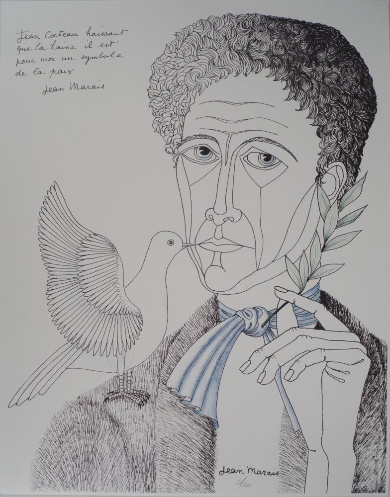 Lithograph Marais  - Jean Cocteau à la colombe et au rameau, Homme de Paix