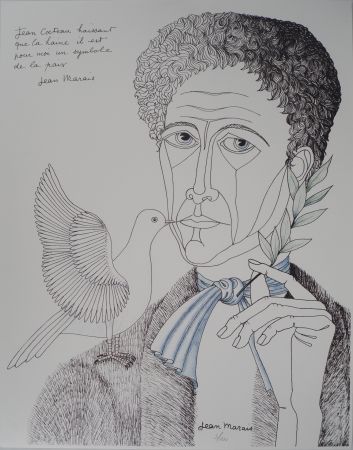 Lithograph Marais  - Jean Cocteau à la colombe et au rameau, Homme de Paix