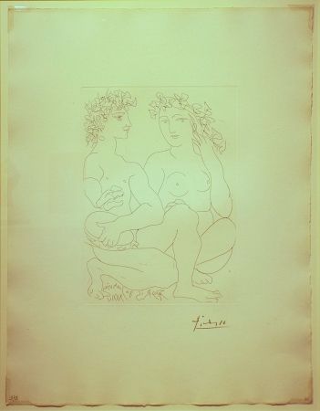 Etching Picasso - Jeune Couple,Accroupi,l'Homme avec un tambourin