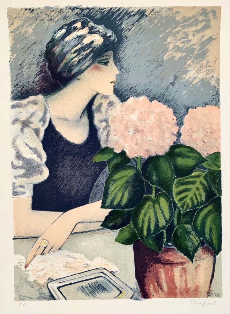 Lithograph Cassigneul  - Jeune Femme au Hortensia