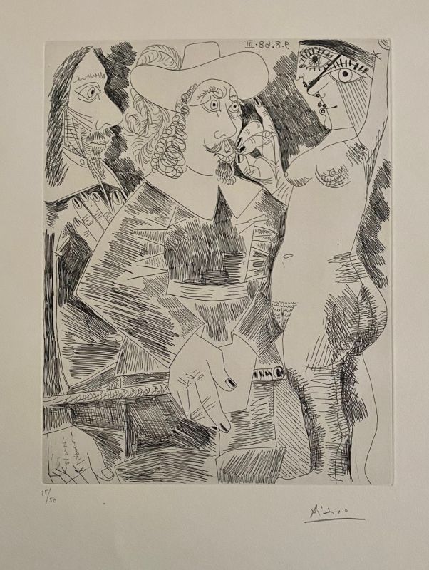 Engraving Picasso - Jeune femme tirant la moustache d'un gentilhomme en train de tortiller son jonc 