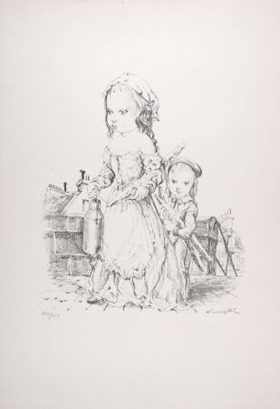 Lithograph Foujita - Jeune fille et l'Enfant à la baguette et au pot, 1954 - Hand-signed
