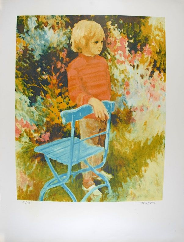 Lithograph Kitslaar - Jongetje bij stoel