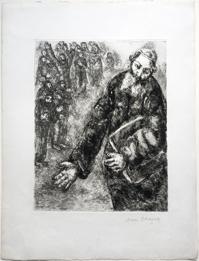 Engraving Chagall - Josué lit les Paroles de la Loi (La Bible. Teriade 1956). Épreuve signée.