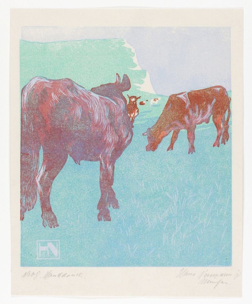 Woodcut Neumann - Jungbullen auf der Weide (Young bulls in the pasture)