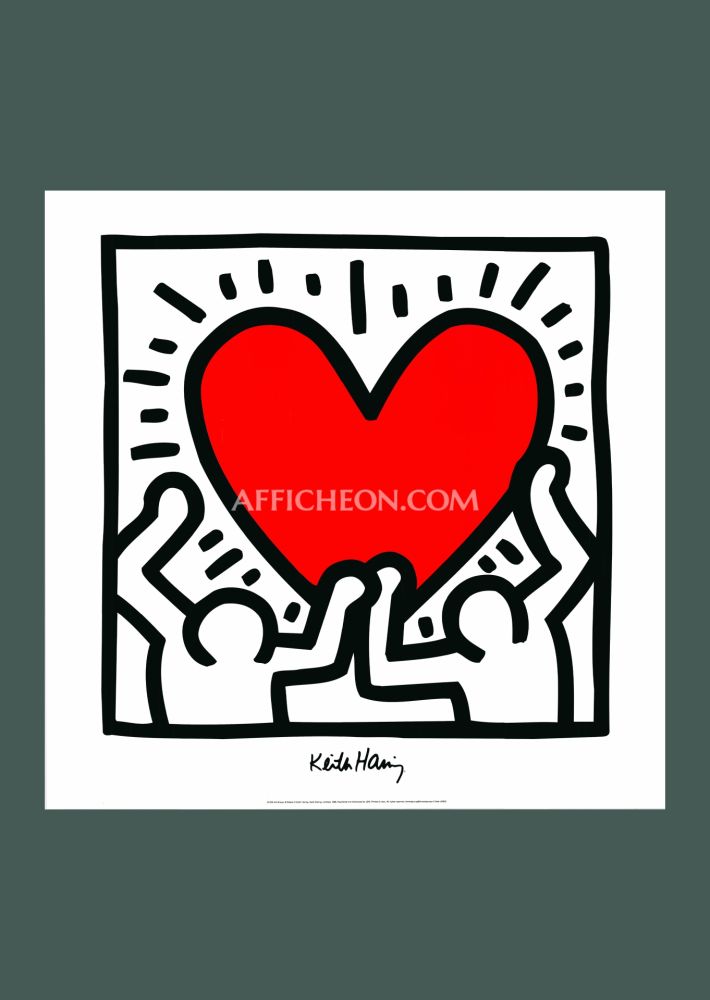 Lithograph Haring - Keith Haring: 'Untitled (Figures with Red Heart)' 1988 Offset-lithograph