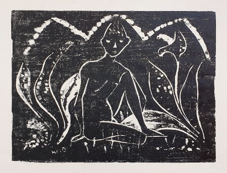 Woodcut Mueller - Knabe zwischen Blattpflanzen (Boy among Leaves)