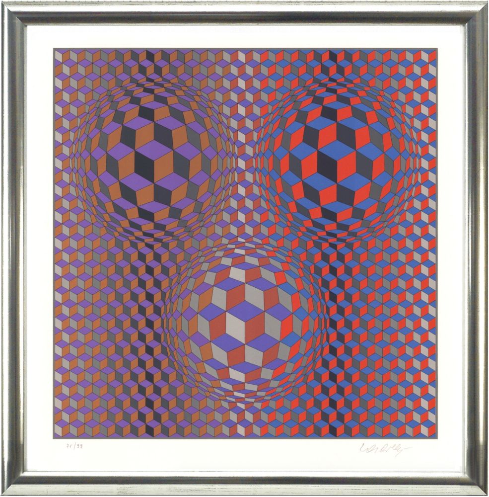 Lithograph Vasarely - Komposition in Rot und Violett