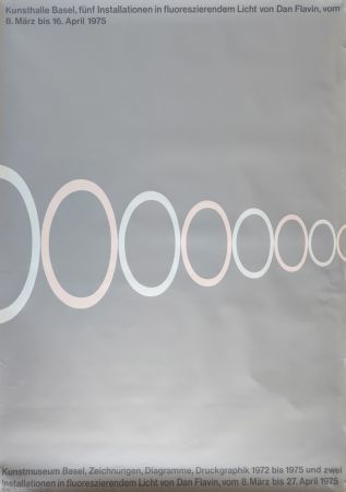 Screenprint Flavin -  Kunsthalle Basel, fünf Installationen in fluoreszierendem Licht von Dan Flavin. 8. März bis 16. April 1975. 