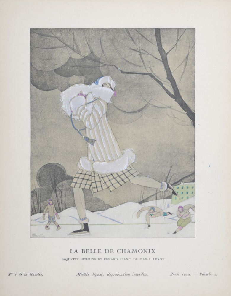 Lithograph Martin - La Belle de Chamonix, Jaquette hermine et renard blanc de Max-A. Leroy, 1924