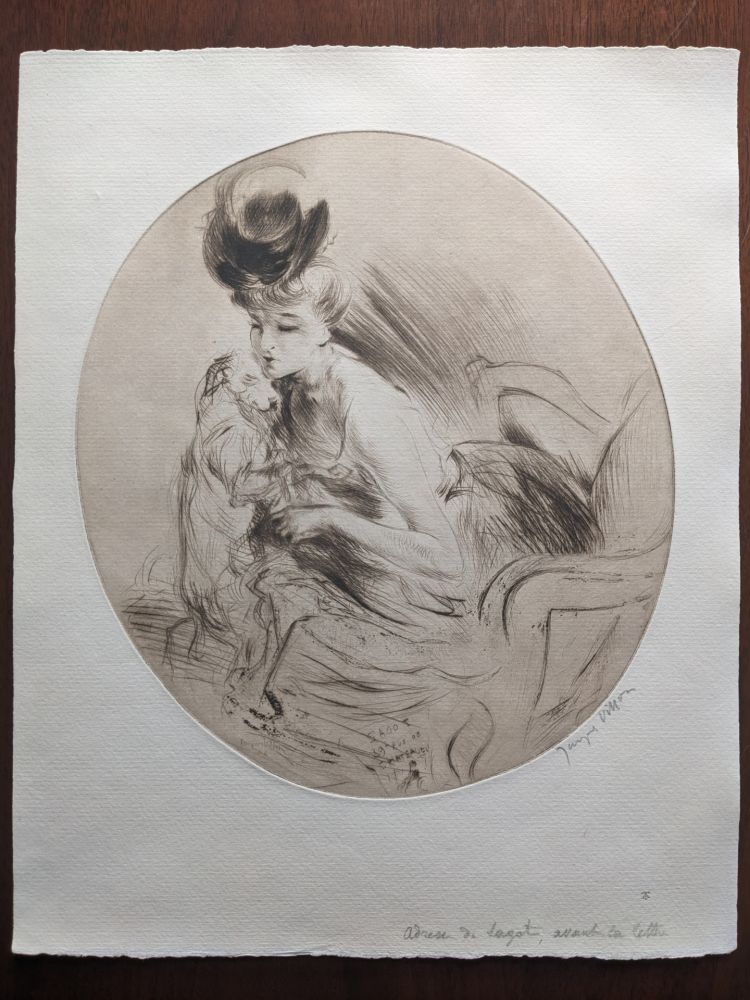 Drypoint Villon - La dame au chien (two impressions, one avant la lettre and one avec la lettre)