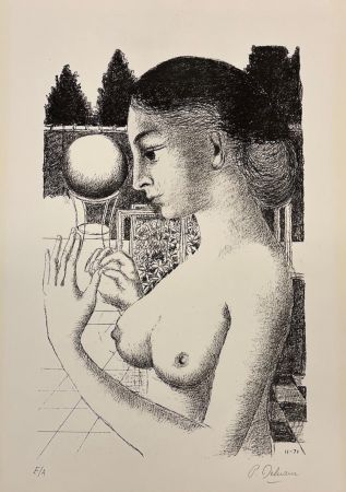 Lithograph Delvaux - La femme a la boule