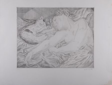 Etching Foujita - La Femme au chat, 1927 - Hand-signed