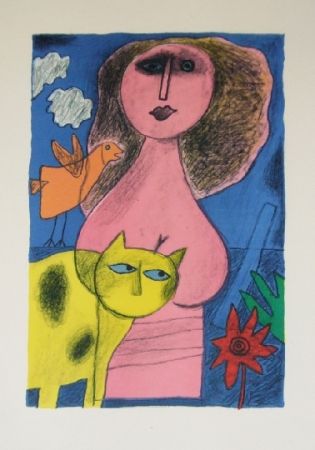 Lithograph Corneille - La femme au chat jaune