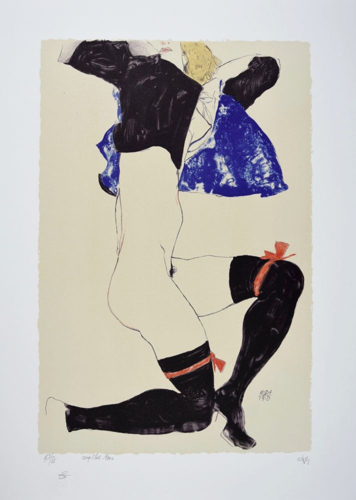 Lithograph Schiele - La fille aux bas noirs et jarretières rouges, 1913 | The girl with black stockings and red garters, 1913