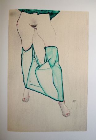 Lithograph Schiele - LA FILLE AUX BAS VERTS / THE GIRL IN THE LOW GREEN - Lithographie / Lithograph - 1913