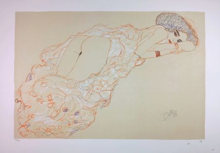 Lithograph Klimt - La fille en robe longue / Reclining Nude Lying on Her Stomach and Facing Right / Auf dem Bauch liegender Halbakt nach rechts - 1910 