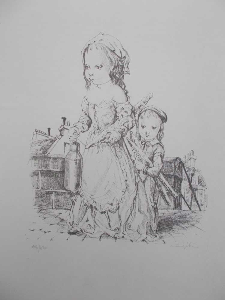 Lithograph Foujita - La fille et l'enfant à la baguette de pain et au pot de lait