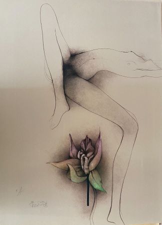 Lithograph Bruni - La fleur du bien -Frauenakt mit Blüte