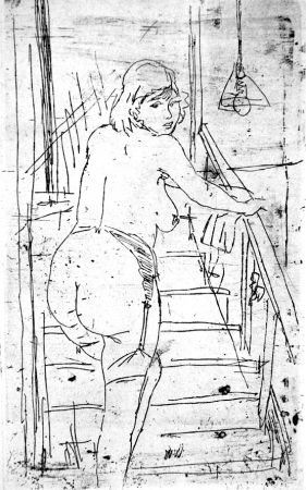 Engraving Manfredi - La modella bionda sulla scale