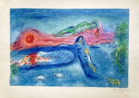 Lithograph Chagall - LA MORT DE DORCON, signée à grandes marges (Daphnis et Chloé - 1961)