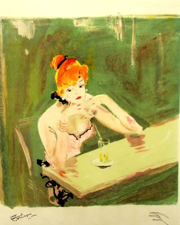 Lithograph Domergue - La  Parisienne  Mauricette Au Cafe Caumartin