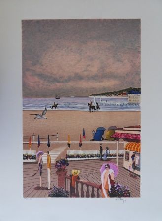 Lithograph Dilley - La plage de Deauville