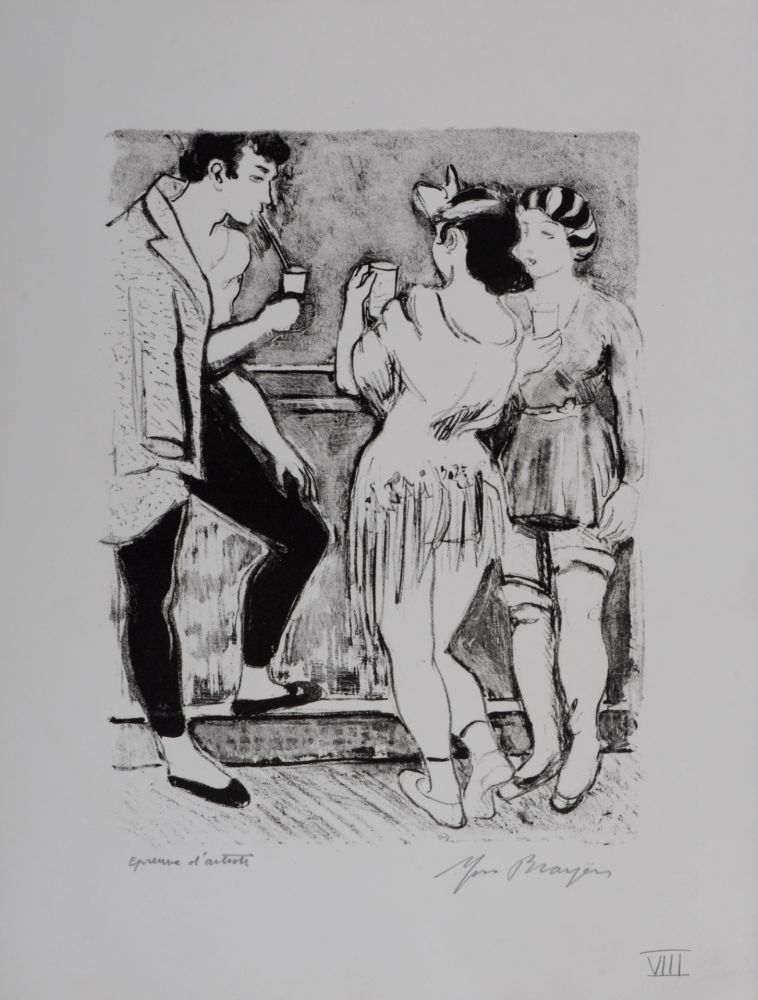 Lithograph Brayer - Le bar des artistes #VIII, 1949 - Hand-signed