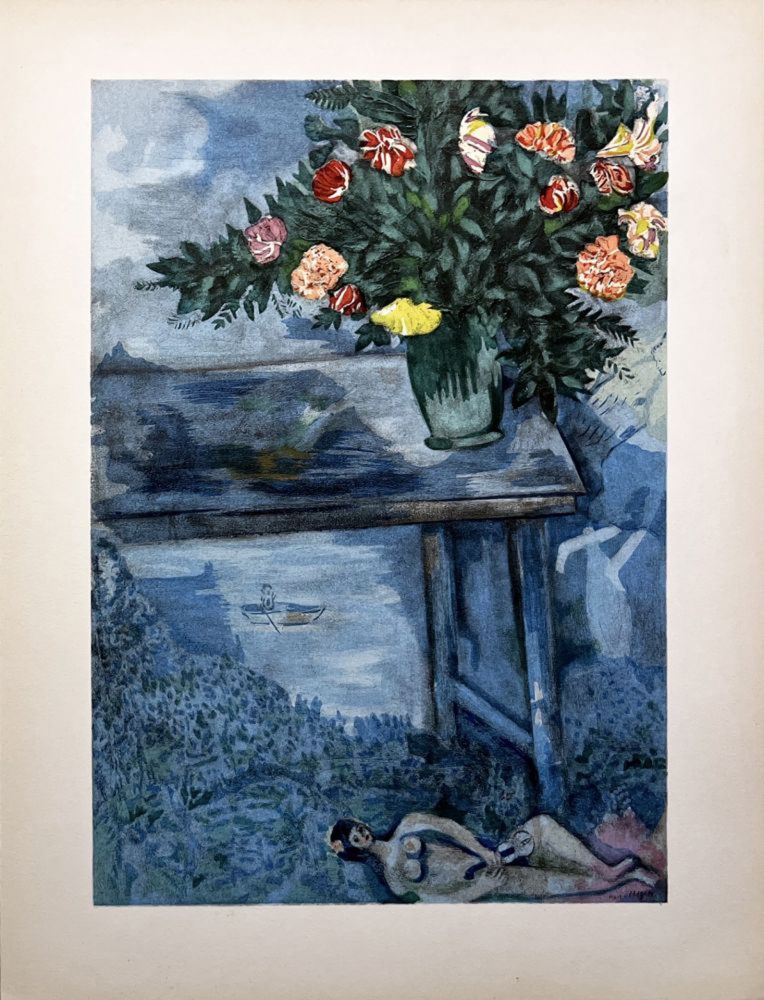 Pochoir Chagall - LE BOUQUET DANS LA NUIT BLEUE (vers 1950)