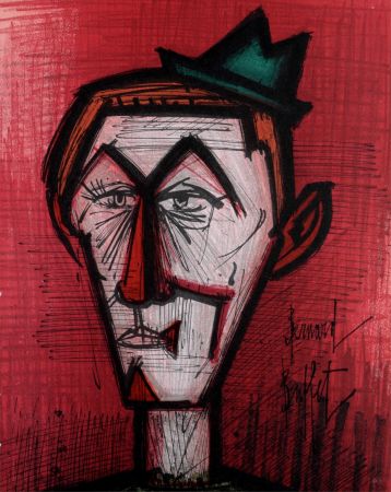 Lithograph Buffet - Le clown au fond rouge, 1967.
