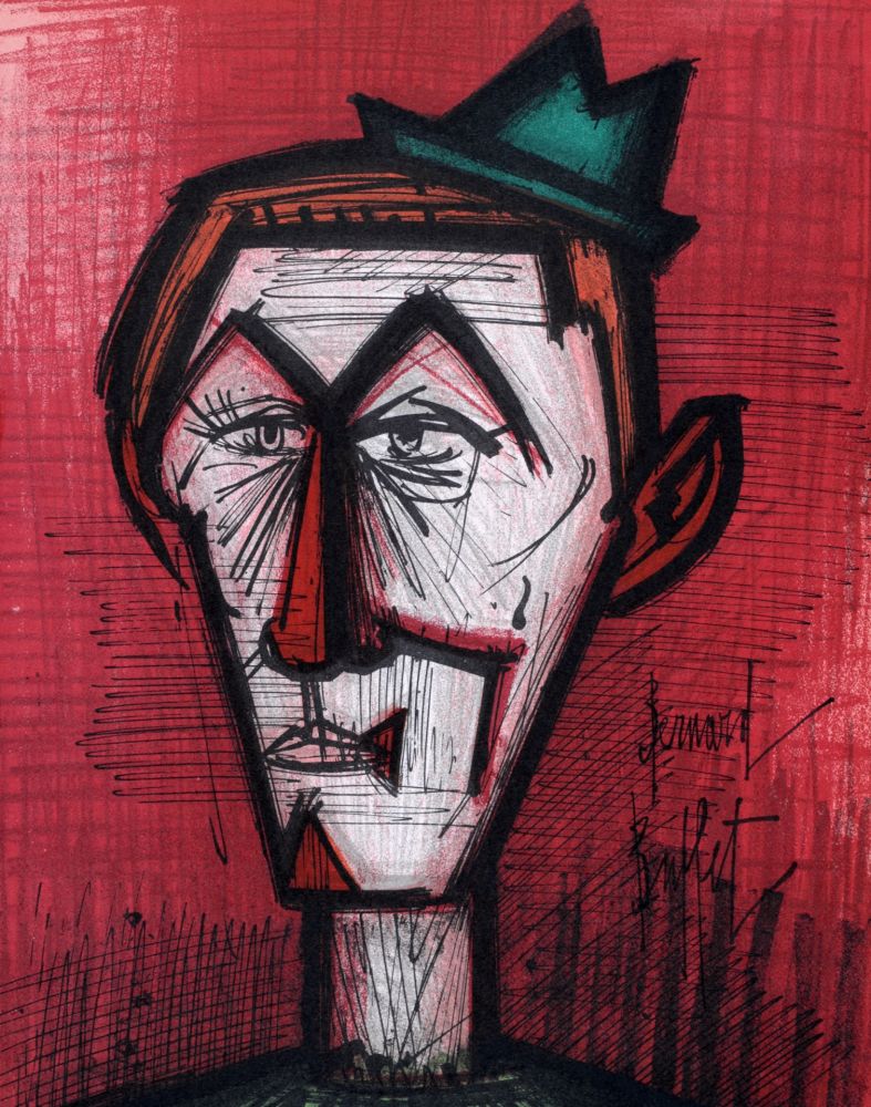Lithograph Buffet - Le Clown sur fond rouge, 1967