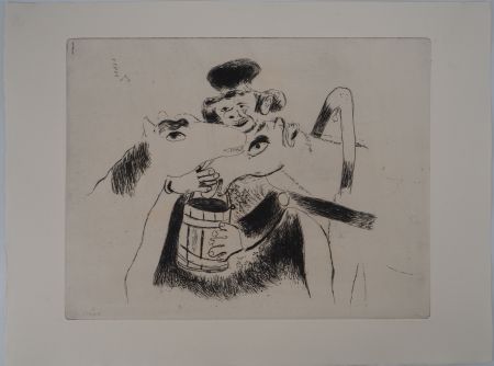 Etching Chagall - Le cocher et ses chevaux (Le cocher donne à manger à ses chevaux)