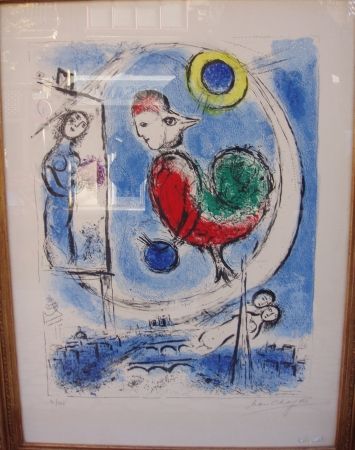Lithograph Chagall - Le coq sur Paris 