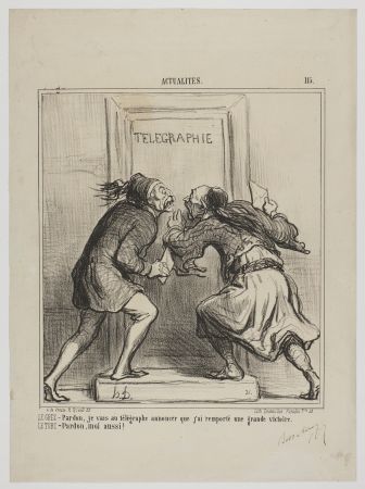 Lithograph Daumier - LE GREC - Pardon, je vais au télégraphe annoncer que j'ai remporté une grande victoire. LE TURC - Pardon, moi aussi! 